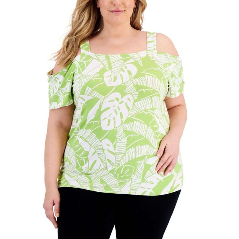 JM Collection Plus Size Printed Cold Shoulder Top